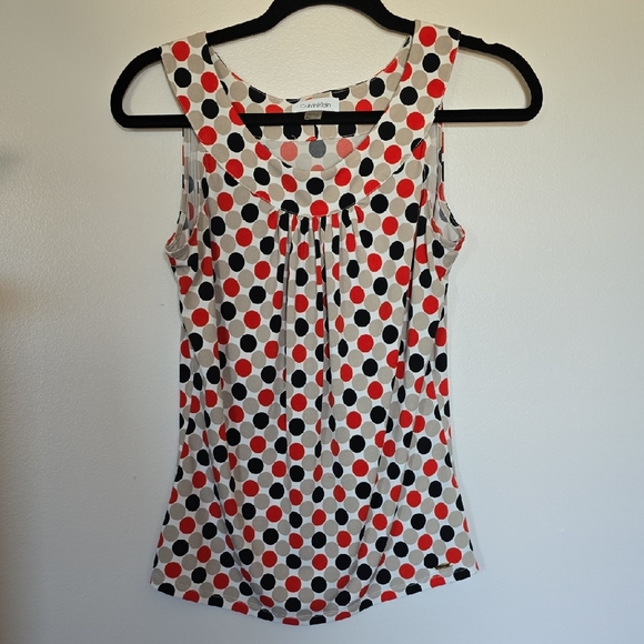 Calvin Klein Women's Sleeveless Work Top with Beige, Red, and Black Polka Dots - Picture 1 of 5